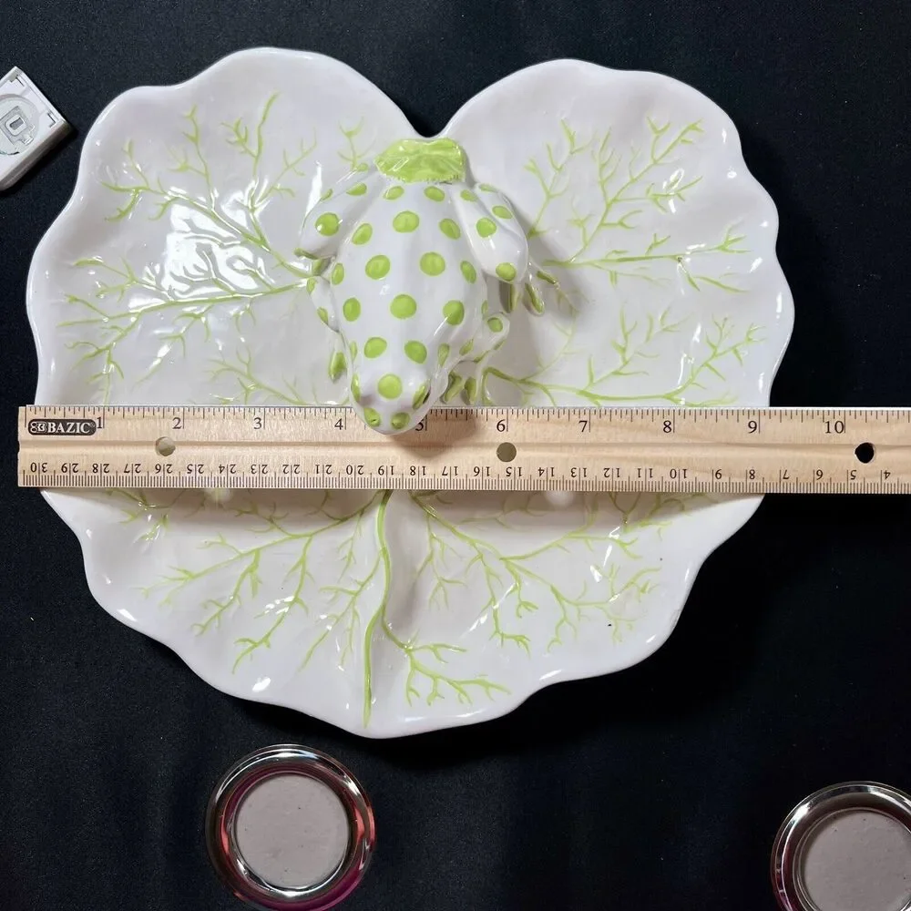 VTG Italian ceramic plate green dotted frog lily pad green white figural